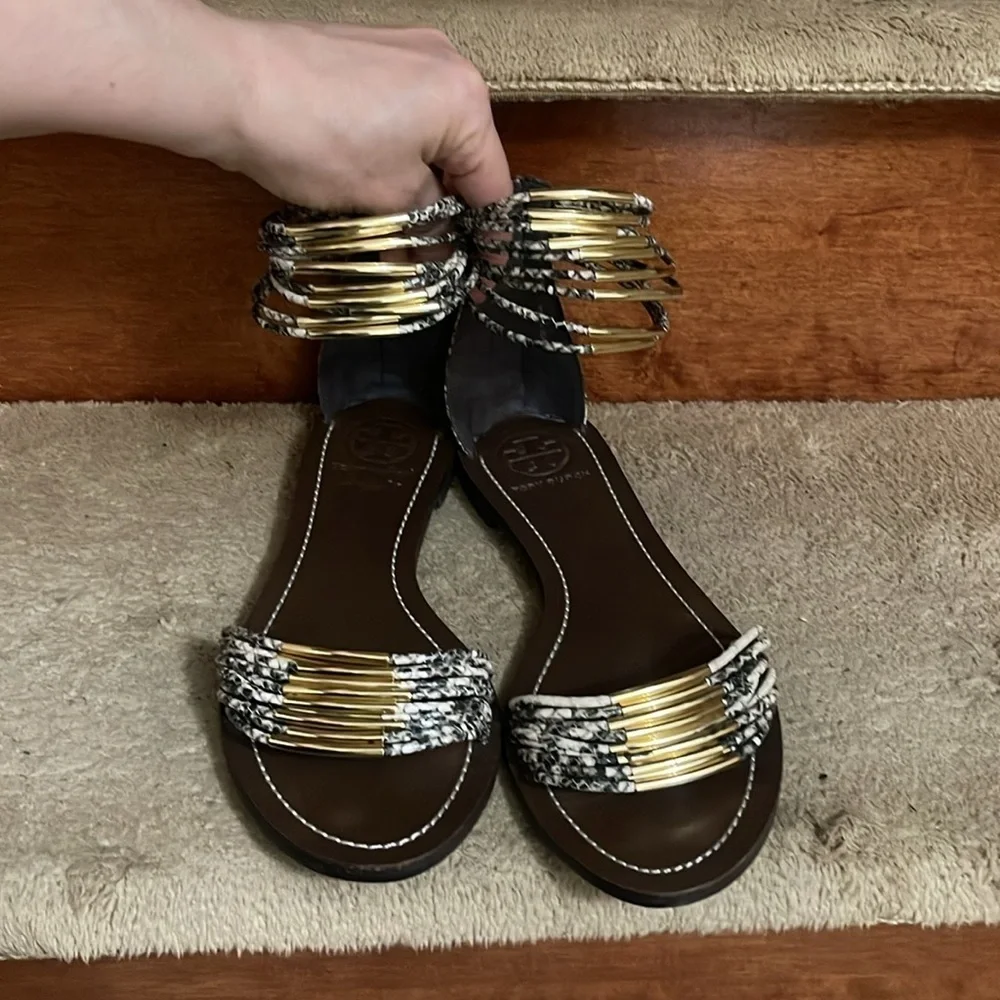 Tory Burch Beige Black Python Embossed Leather Mignon Braided Flat 8.5